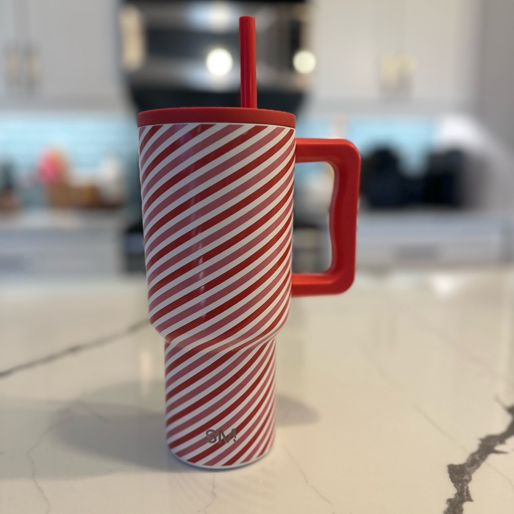 Striped Red and White Tumbler with Straw